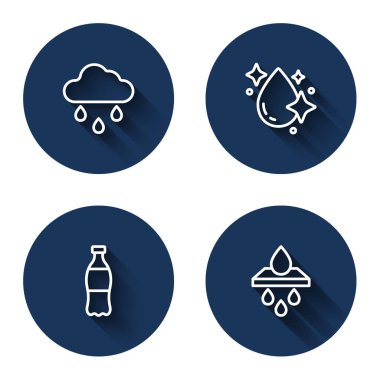 Bulut 'u yağmur, su damlası, bir şişe su ve uzun gölgeli filtre kartuş ile dizin. Mavi daire düğmesi. Vektör