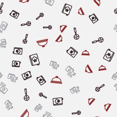 Set line Cookbook, Spatula, Kitchen meat grinder and Covered with tray of food on seamless pattern. Vector