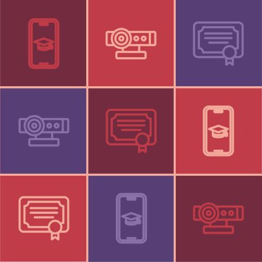 Mobil, sertifika şablonu ve web kamera simgesine Mezuniyet Başlığını ayarla. Vektör