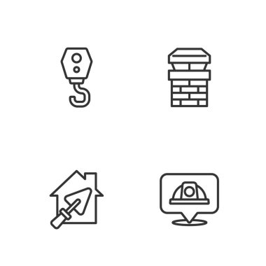 Hat güvenliği kaskı, malalı ev, turna kancası ve baca simgesi. Vektör