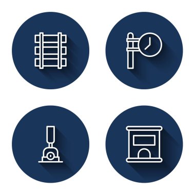 Set line Railway, railroad track, Train station clock, Arrow for switching the railway and Ticket office to buy tickets with long shadow. Blue circle button. Vector