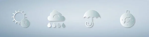 Set Sun Cloud Rain Umbrella Compass Paper Art Style Vector — ストックベクタ