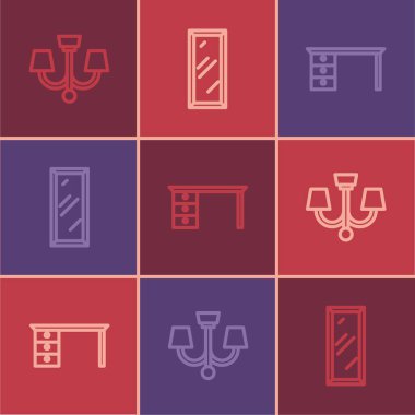 Set line Chandelier, Office desk and Big full length mirror icon. Vector