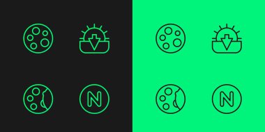 Set line Compass north Moon phases and Sunset icon. Vector.