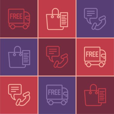 Ücretsiz dağıtım servisi Telefon Destek ve Alışveriş Listesi simgesi ayarla. Vektör.