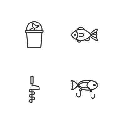 Balık yemi olarak balık yemi olarak kullanılacak buz kovasını balık ve ikonla hazırlayın. Vektör.