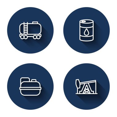 Petrol hattı, petrol deposu, benzin için fıçı yağı tüpü ve uzun gölgeli pompa valfi ayarlayın. Mavi daire düğmesi. Vektör.