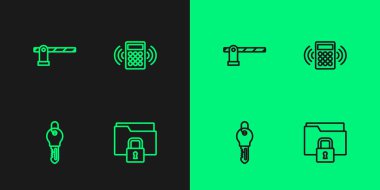 Satır dizinini ayarla ve Key Park araba bariyerini ve Güvenlik tuş takımı erişim simgesini kilitle. Vektör.