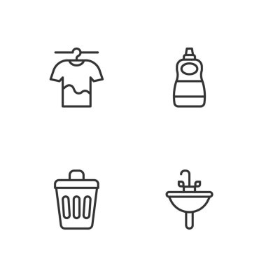 Çamaşır leğeni tenekesini kurulama ve bulaşık deterjanı ikonunu hazırla. Vektör.