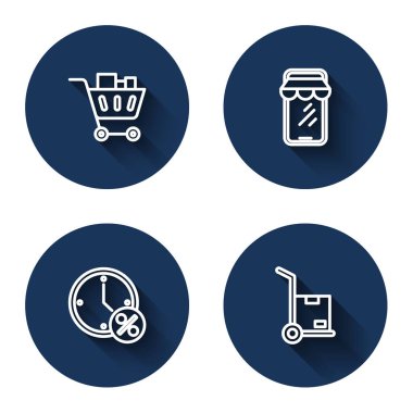 Set line Shopping cart and food Online shopping on phone Clock percent discount and Hand truck boxes with long shadow. Blue circle button. Vector.