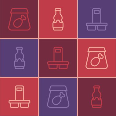 Set line Online ordering meal Coffee cup to go and Sauce bottle icon. Vector.