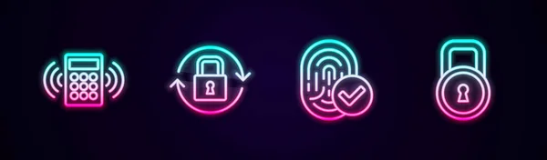 Set Line Security Keypad Access Panel Lock Fingerprint Glowing Neon — Archivo Imágenes Vectoriales