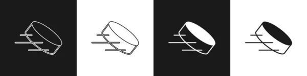 Réglez l'icône de la rondelle de hockey isolée sur fond noir et blanc. Vecteur — Image vectorielle