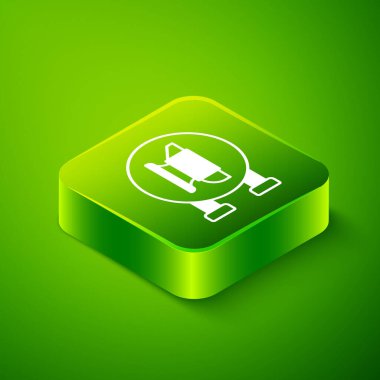 Isometric Demirci örs araç simgesi yeşil arka planda izole. Metal dövmesi. Kalpazanlık aleti. Yeşil kare düğmesi. Vektör