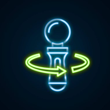 Glowing neon line VR controller game icon isolated on black background. Virtual reality experience, sensation of presence, position-tracking technology device. Colorful outline concept. Vector