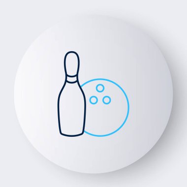 Beyaz arka planda çizgi bovling pin ve top ikonu izole edildi. Spor malzemeleri. Renkli taslak konsepti. Vektör