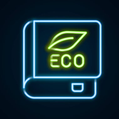 Siyah arka planda izole edilmiş ekoloji ikonu hakkında parlayan neon çizgisi kitabı. Biyoloji kitabı. Renkli taslak konsepti. Vektör