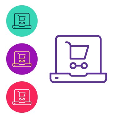 Çizgi alışveriş arabasını beyaz arkaplanda izole edilmiş dizüstü bilgisayar simgesine ayarla. Konsept e-ticaret, e-ticaret, online iş pazarlama. Simgeleri renklendirin. Vektör