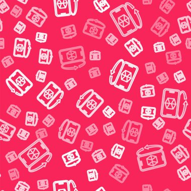 Beyaz çizgi 3D modelleme simgesi kırmızı arkaplanda izole edilmiş pürüzsüz desen. Artırılmış gerçeklik mi yoksa sanal gerçeklik mi? Vektör