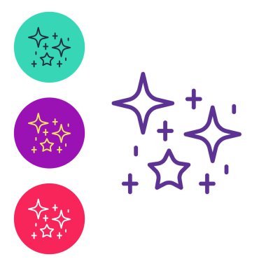 Beyaz arkaplanda izole edilmiş sihirli parçacık simgesine sahip çizgi parlayan yıldızları ayarla. Sihirli noel süsü. Simgeleri renklendirin. Vektör