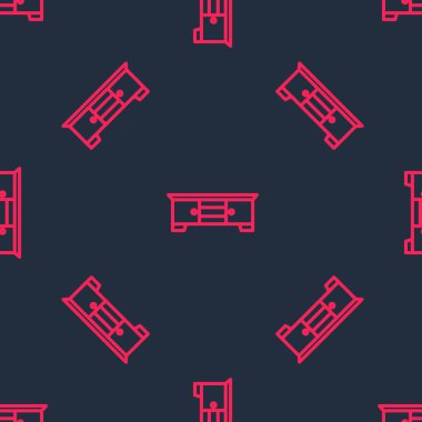 Kırmızı çizgi televizyon masası simgesi siyah arkaplanda izole edilmiş kusursuz desen. Vektör