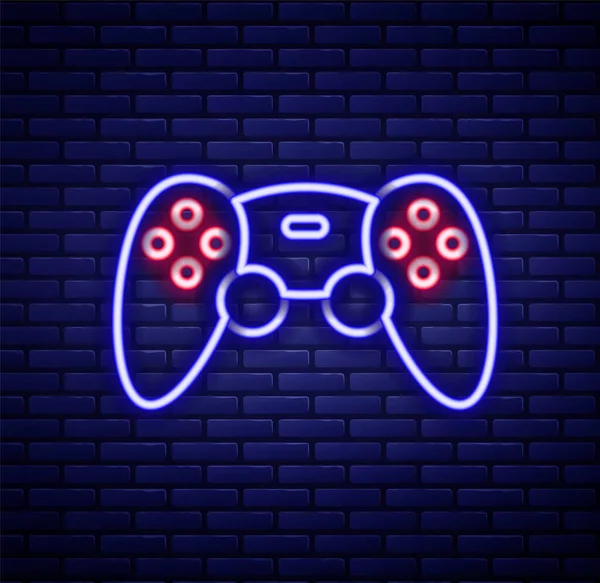 Lumineux néon ligne Game controller ou joystick pour console de jeu icône isolée sur fond de mur de briques. Concept de contour coloré. Vecteur — Image vectorielle