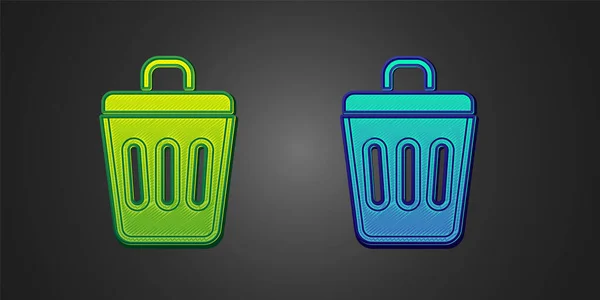 Green and blue Trash can icon isolated on black background. Garbage bin sign. Recycle basket icon. Office trash icon. Vector — Image vectorielle