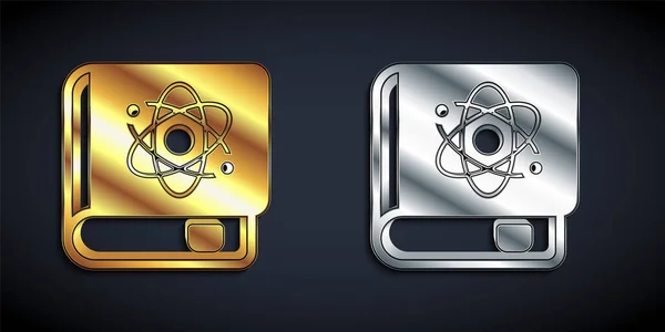 Gold and silver Book about physics icon isolated on black background. Long shadow style. Vector — стоковый вектор