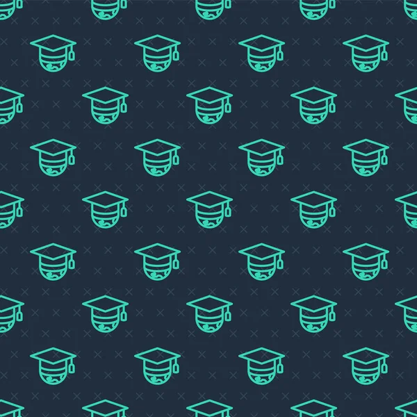 Línea verde Gorra de graduación en el icono del globo patrón inconsútil aislado sobre fondo azul. Símbolo de educación mundial. Concepto de aprendizaje en línea o aprendizaje electrónico. Vector — Vector de stock
