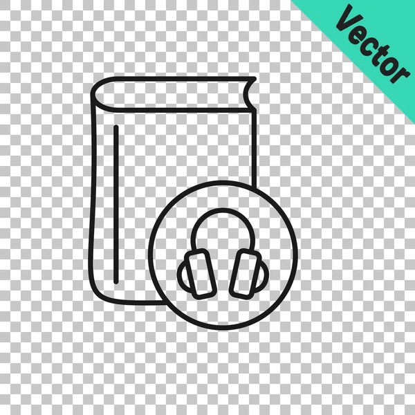 Black line Audio book icon isolated on transparent background. Book with headphones. Audio guide sign. Online learning concept. Vector — Vetor de Stock