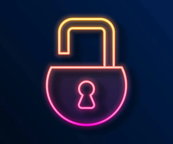 Gloeiende neon lijn Open hangslot pictogram geïsoleerd op zwarte achtergrond. Open slot bord. Cyber security concept. Digitale gegevensbescherming. Vector — Stockvector