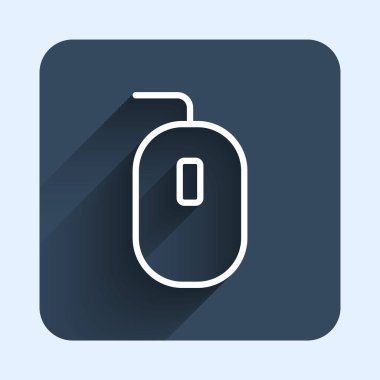 White line Computer mouse gaming icon isolated with long shadow background. Optical with wheel symbol. Blue square button. Vector