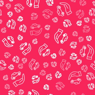 Beyaz çizgili araba sigortası ikonu kırmızı arka planda izole edilmiş. Sigorta konsepti. Güvenlik, güvenlik, koruma, konsept koruma. Vektör