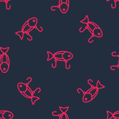 Kırmızı çizgi Balık yemi simgesi siyah arkaplanda izole edilmiş kusursuz desen. Balık oltası. Vektör