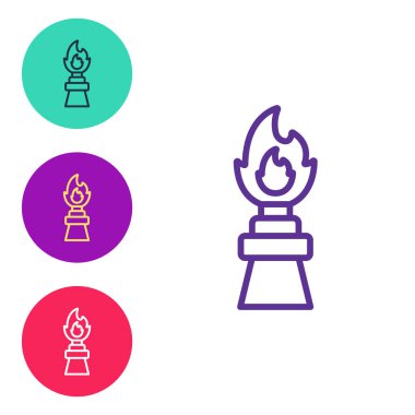 Beyaz arka planda izole edilmiş ateş ikonu olan petrol platformunu ayarlayın. Yangın kazası. Gaz kulesi. Endüstriyel nesne Simgeleri renklendirin. Vektör