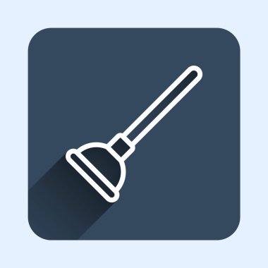 Boru temizleme ikonu için ahşap saplı, uzun gölge arkaplan izole beyaz çizgili kauçuk pompa. Tuvalet pompası. Mavi kare düğme. Vektör