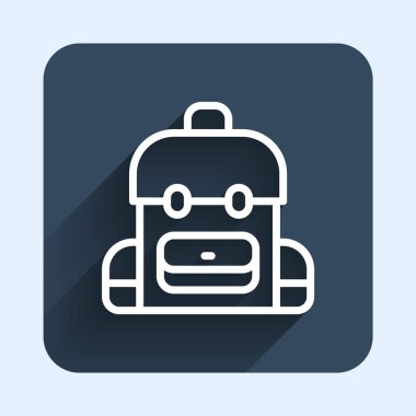 Beyaz çizgi okul sırt çantası ikonu uzun gölge arkaplan izole. Mavi kare düğme. Vektör