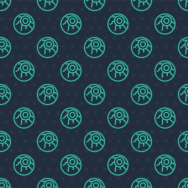 Yeşil çizgi göz simgesi mavi arkaplandaki kusursuz deseni izole etti. Mutlu Cadılar Bayramı Partisi. Vektör