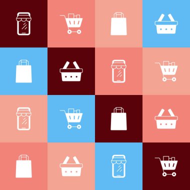 Set pop art Online shopping on phone, Shopping cart and food, Paper bag and basket icon. Vector