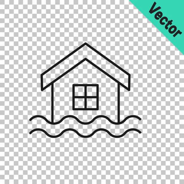 Black line House flood icon isolated on transparent background. Home flooding under water. Insurance concept. Security, safety, protection, protect concept. Vector — Stockvektor