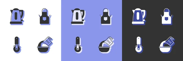 Set Measuring cup and bowl, Electric kettle, Pizza knife and Kitchen apron icon. Vector — Vetor de Stock