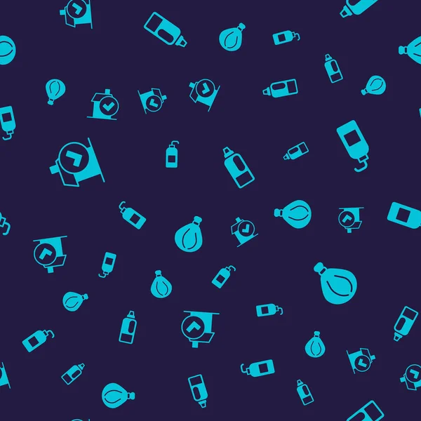 Ev temizlik hizmeti, antibakteriyel sabun, deterjan şişesi ve çöp poşetini kusursuz desenli olarak ayarla. Vektör