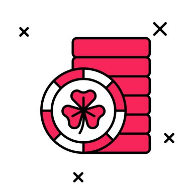 Altın Leprikon madeni parayla doldurulmuş. Beyaz arka planda, yonca desenli yaprak ikonu var. Aziz Patrick gününüz kutlu olsun. Ulusal İrlanda bayramı. Vektör