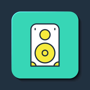 Doldurulmuş Stereo hoparlör simgesi mavi arkaplanda izole edildi. Ses sistemi hoparlörleri. Müzik ikonu. Müzikal sütun hoparlörü. Turkuaz kare düğme. Vektör