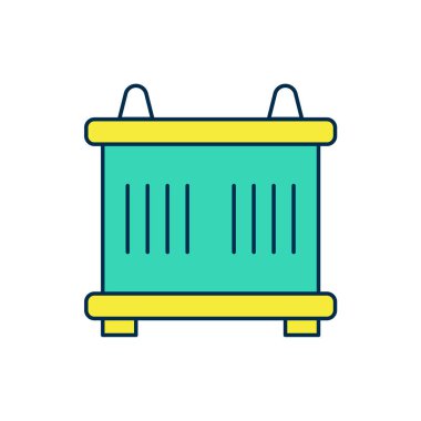 Doldurulmuş konteyner simgesi beyaz arkaplanda izole edildi. Crane içinde kargo olan bir konteynırı kaldırıyor. Vektör