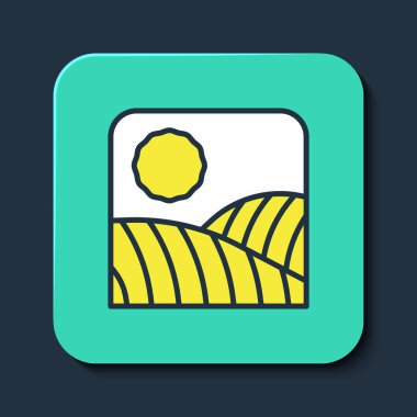 Mavi arka planda izole edilmiş tarımsal buğday tarlası kırsal doğa manzarası ikonu. Turkuaz kare düğme. Vektör