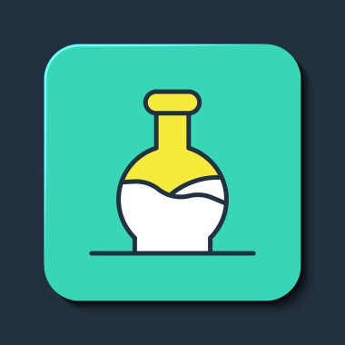 Ana hatlarıyla doldurulmuş test tüpü ve mavi arka planda izole edilmiş kimyasal test ikonu. Laboratuvar cam levhası. Turkuaz kare düğme. Vektör