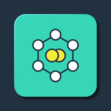 Doldurulmuş Molekül simgesi mavi arkaplanda izole edildi. Kimya moleküllerinin yapısı, fen öğretmenlerinin yenilikçi eğitim posteri. Turkuaz kare düğme. Vektör