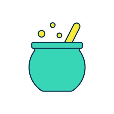 Beyaz arka planda izole edilmiş ana hatlı cadılar bayramı cadı kazanı ikonu. Mutlu Cadılar Bayramı Partisi. Vektör