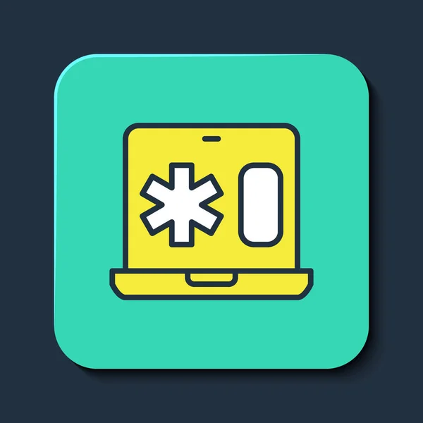 Filled outline Medical clinical record on laptop icon isolated on blue background. Health insurance form. Medical check marks report. Turquoise square button. Vector — Archivo Imágenes Vectoriales